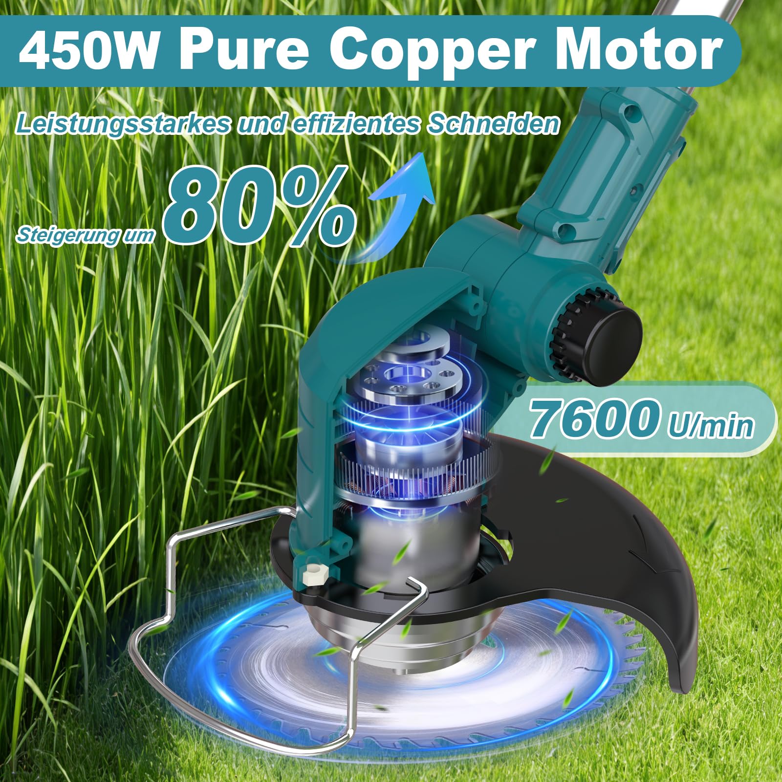 Rasentrimmer mit Akku 5 In 1 Akku Rasentrimmer für Makita Akkus mit 5 Klingentypen, 21V Freischneider Akku Teleskopierbar, 90° Drehung für Garden Trimmen,Blau