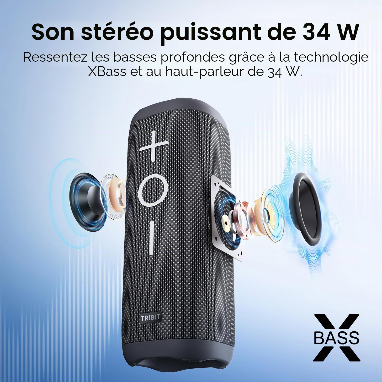 Tribit StormBox 2 Enceinte Bluetooth Portable, 34 W, Son Surround 360° | XBass, 24 h d'autonomie, IPX7 étanche, Bluetooth 5.3, EQ personnalisé, appairage TWS, micro intégré, plein air