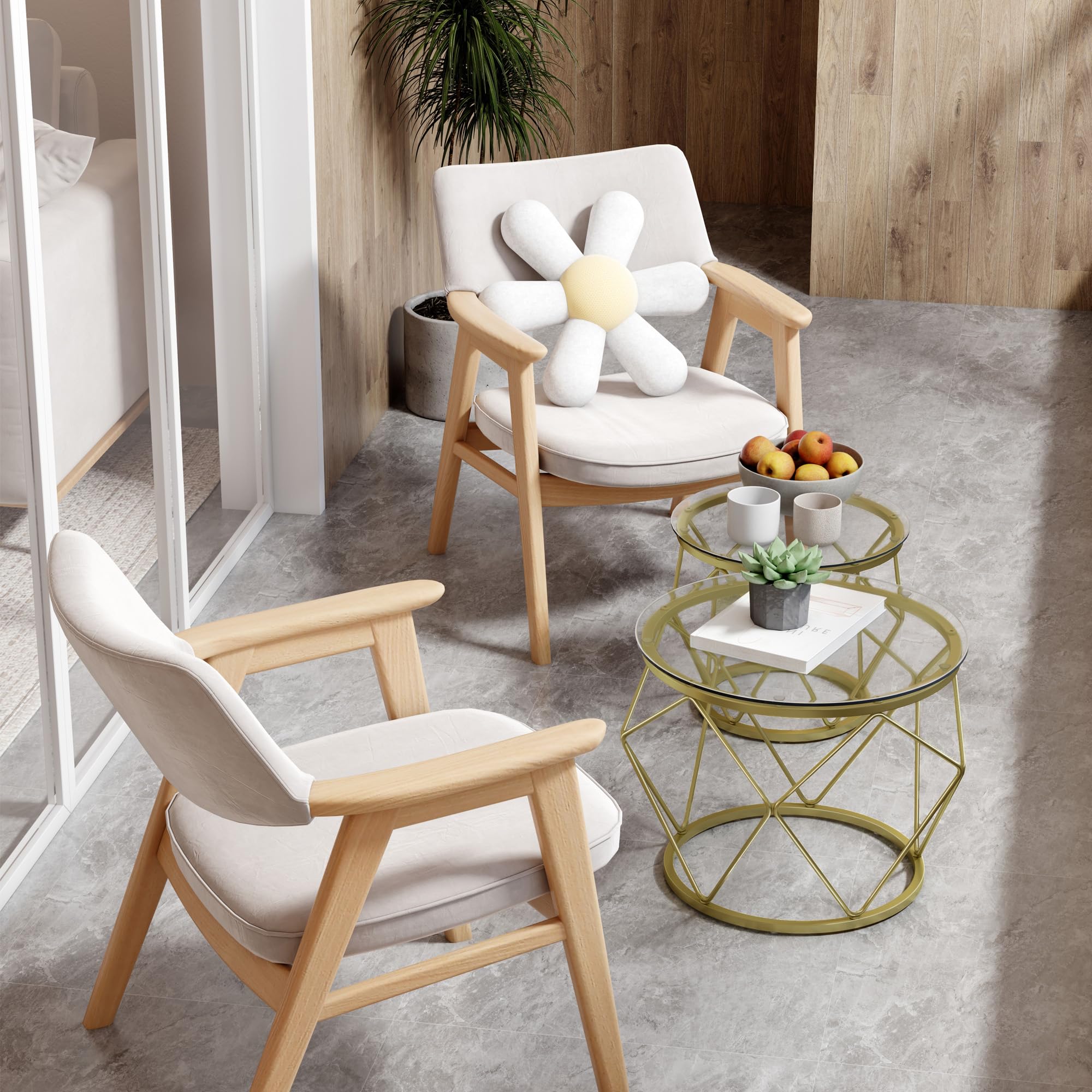 Hzuaneri Couchtisch rund, 2er Set Beistelltische, Beistelltisch-Set mit Metallrahmen, Kleiner Beistelltisch für Wohnzimmer, Schlafzimmer, Büro, Schlafzimmer, Gold 01801GCT