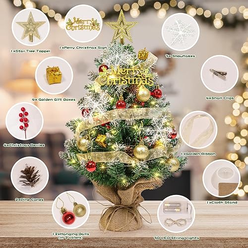 Miniatura 2 de Mini árbol de Navidad artificial de mesa con luces LED, estrella y adornos colgantes, árbol de Navidad pequeño de 24 pulgadas para decoraciones