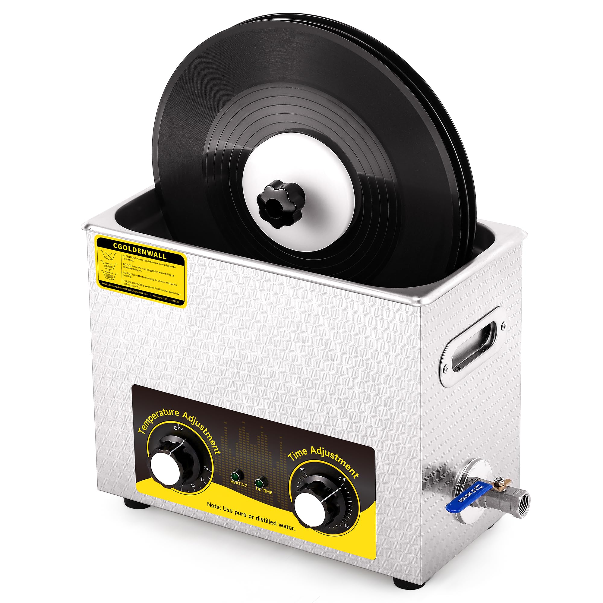 Pulitore a Ultrasuoni per Dischi in Vinile 6L Max. 6 Dischi 0-30 Minuti Timer 20-80°C Funzione di Riscaldamento Rotazione Automatica per Dischi da 7/10/12" Supporto di Asciugatura e Cestello inclusi