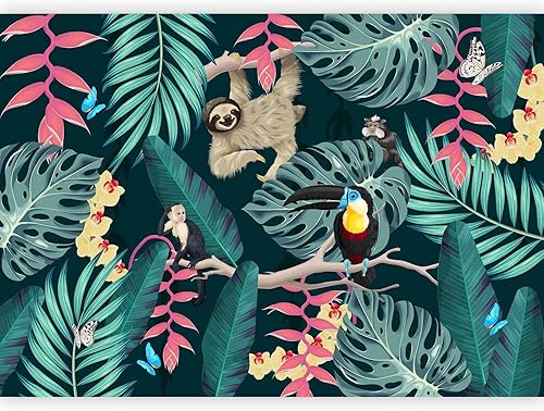 artgeist Mural de pared Animales de la selva, 135 x 101 pulgadas, papel tapiz autoadhesivo removible grande, diseño de perezoso, hojas tropicales,