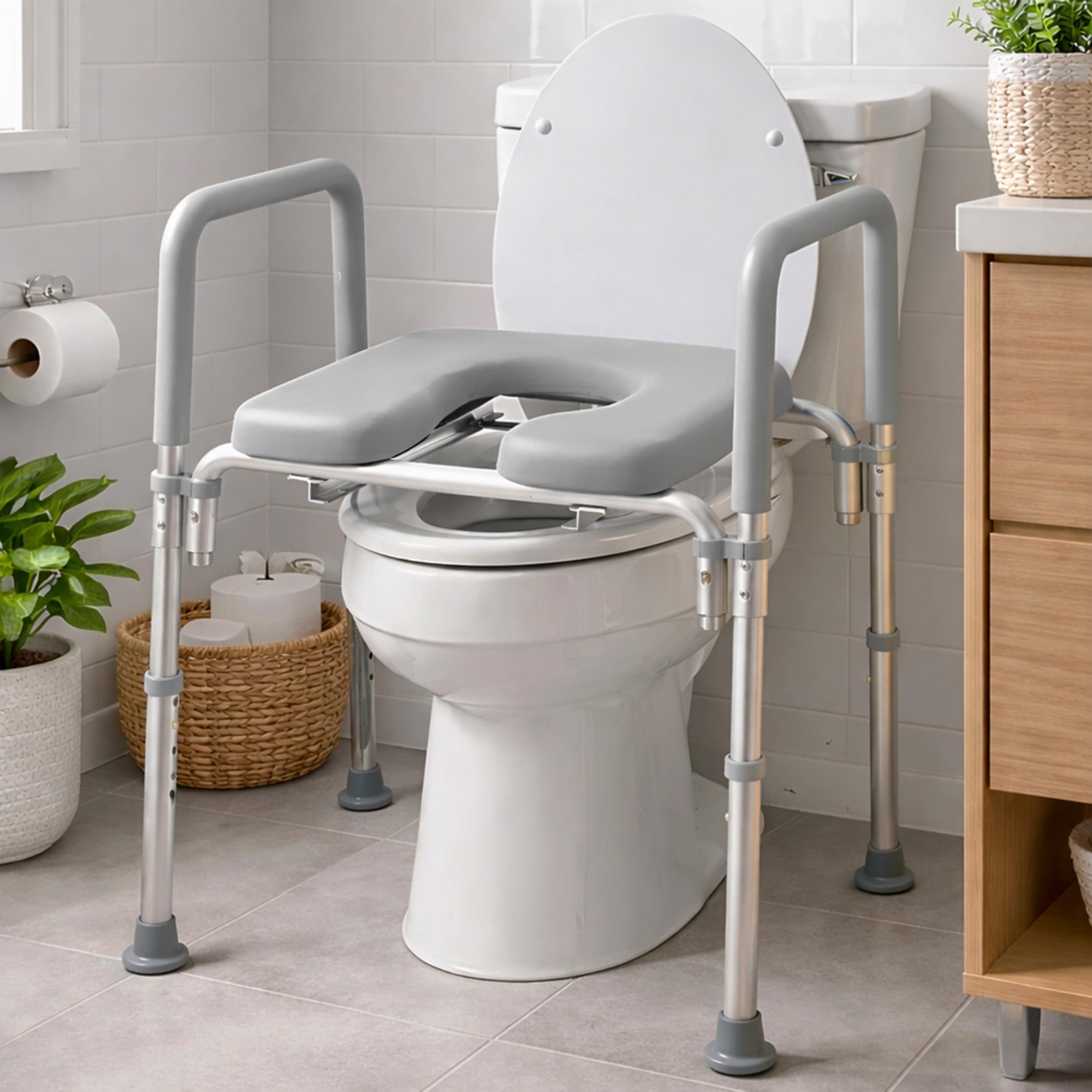 Ultimate Raised Toilet Seat with Handles, Padded, Armrests, Adjustable Height, Premium Elevated Toilet Seat for Elderly Bathroom Safety with Arms, Standard and Elongated Toilets, Gray