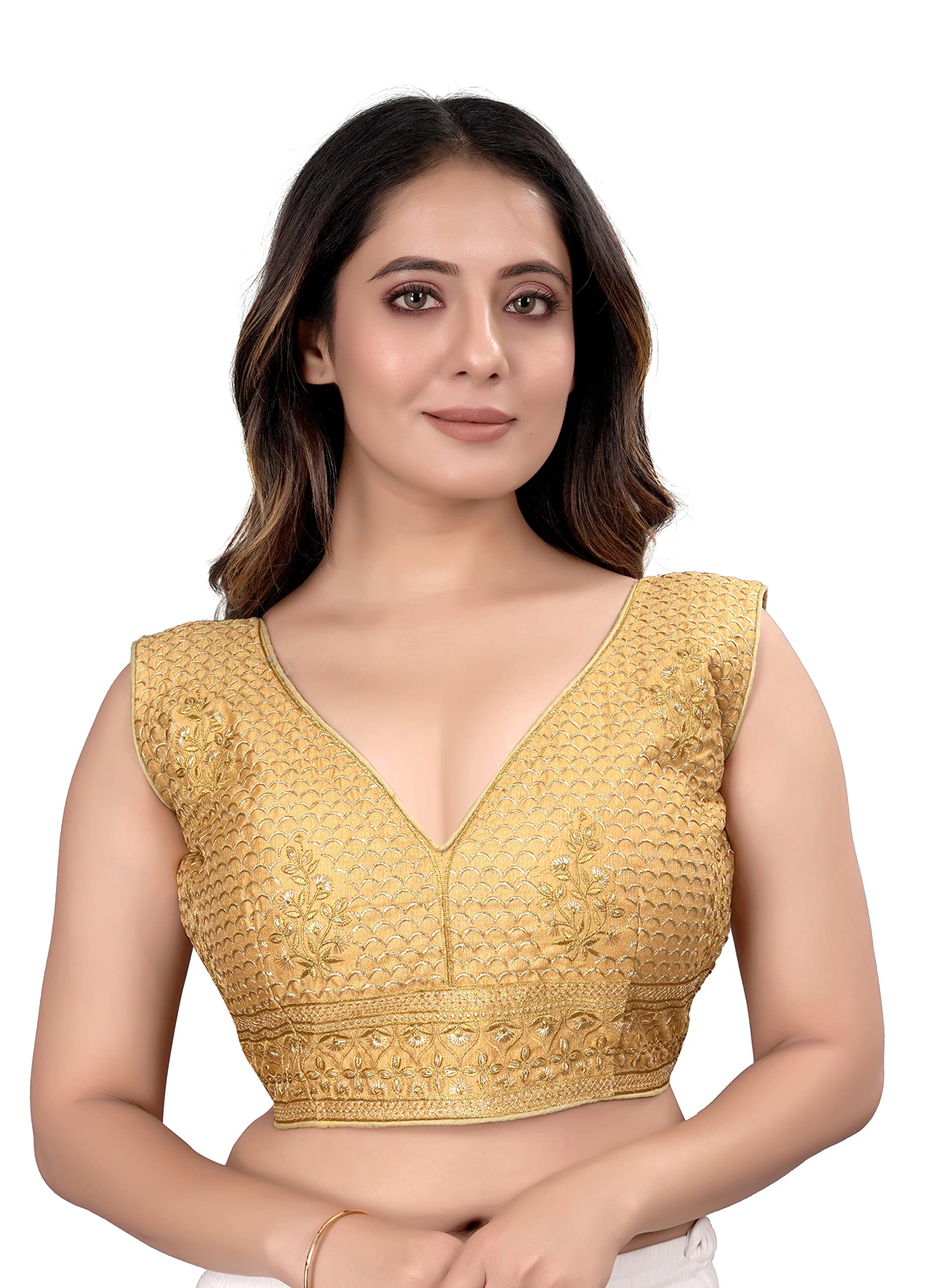 Pujia MillsWomen's V Neck Embroidery Readymade Saree Blouse for Lehenga Choli