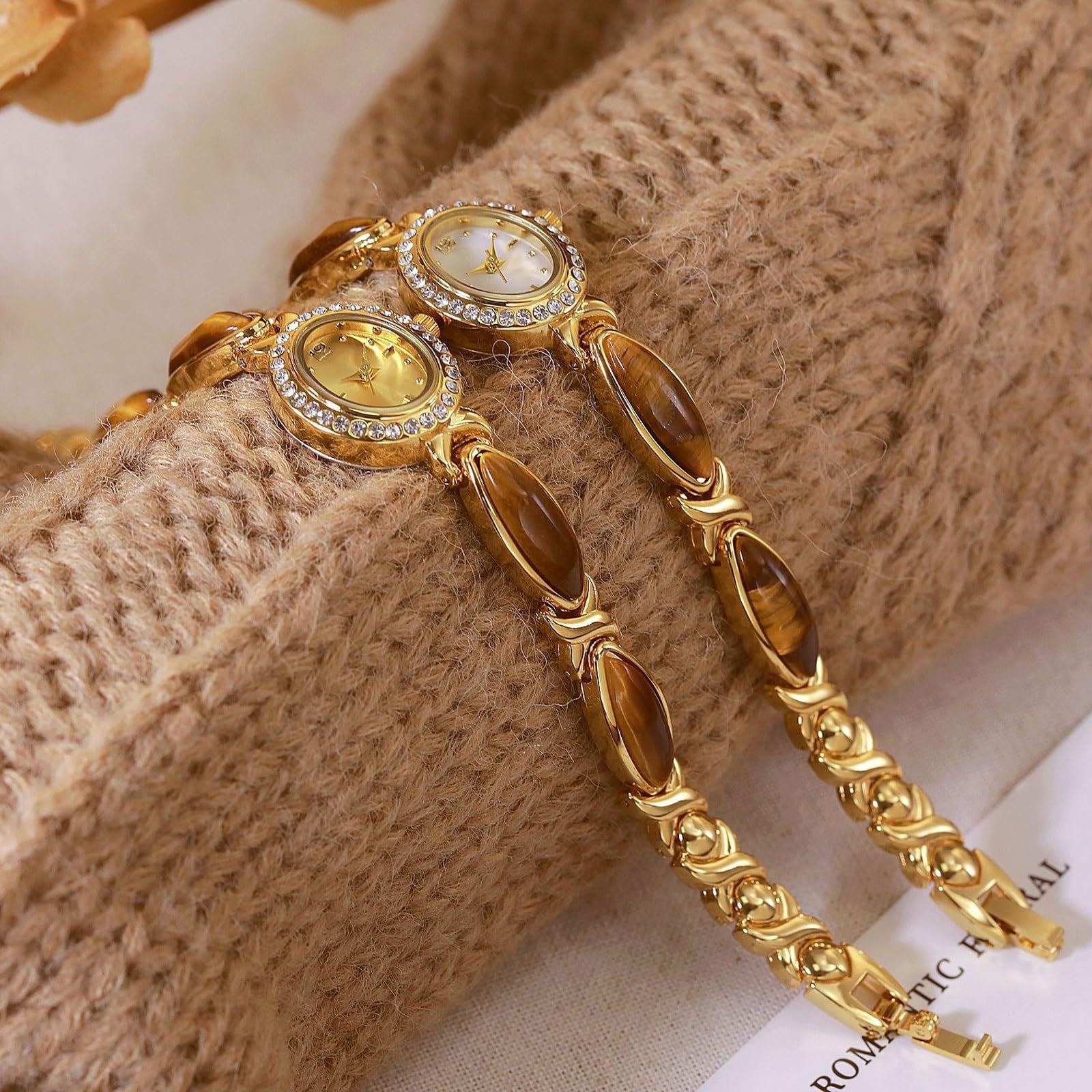 Reloj de Cuarzo con Esfera Ovalada y Piedra de Ojo de Tigre Natural, Paquete de 2, Reloj de Pulsera Resistente al Agua, Regalo de Moda for Novia y Esposa. Reloj de Pulsera