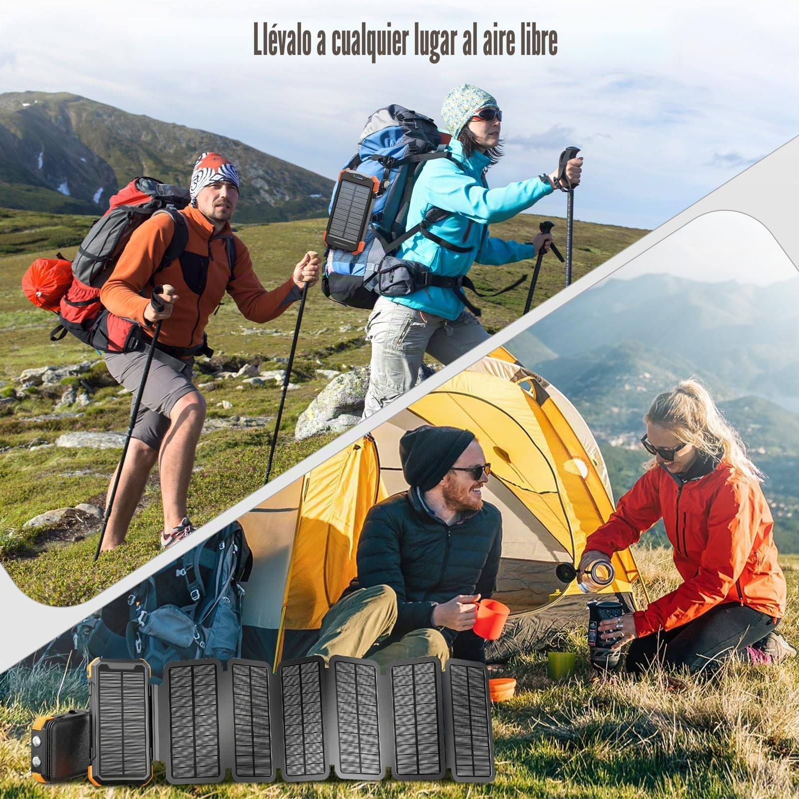 Super Power Bank Solar, Sestuplo Wireless 20.000 mAh + LED de alta intensidad + 3 puertos de carga rápida 22,5 W | Cargador solar | Cargador portátil | Batería solar