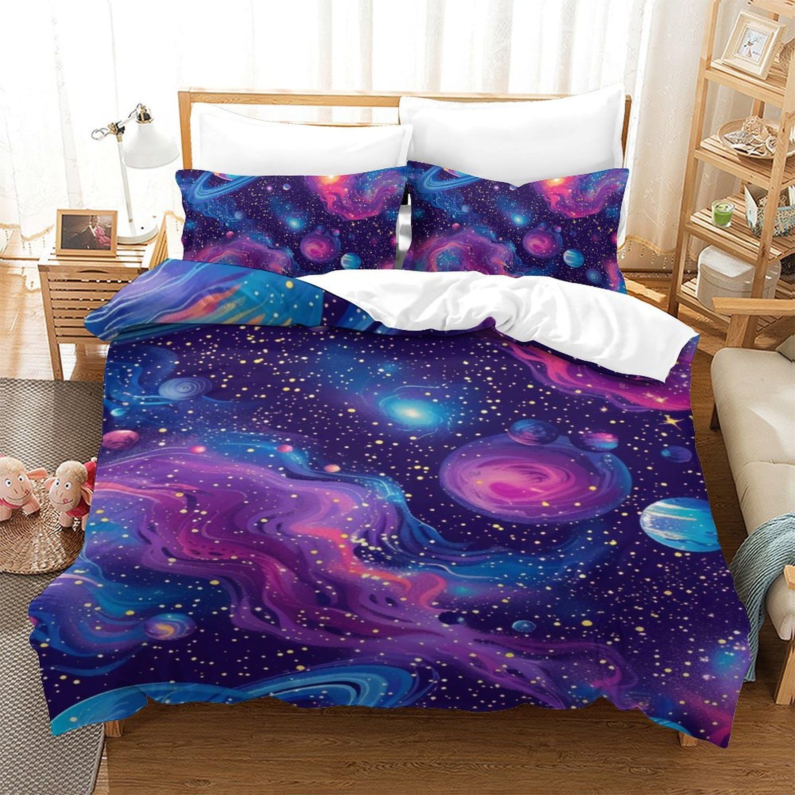 Housse de couette galaxie 140x200 parure de lit microfibre avec taies d'oreiller
