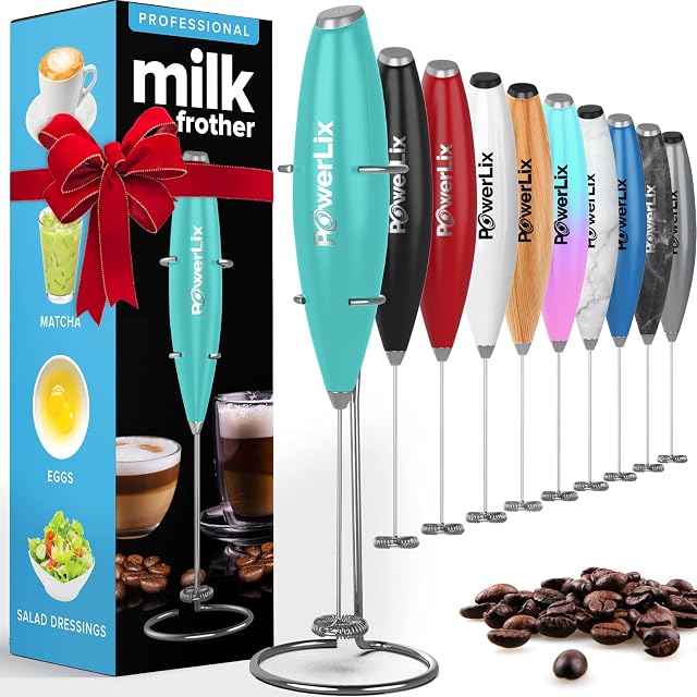 PowerLix Ręczna trzepaczka do mleka  elektryczny spieniacz do mleka ze stojakiem ze stali nierdzewnej, 15-20 s, mocny 19000 obr./min, mini mikser do kawy, do latte, cappuccino (Aqua)