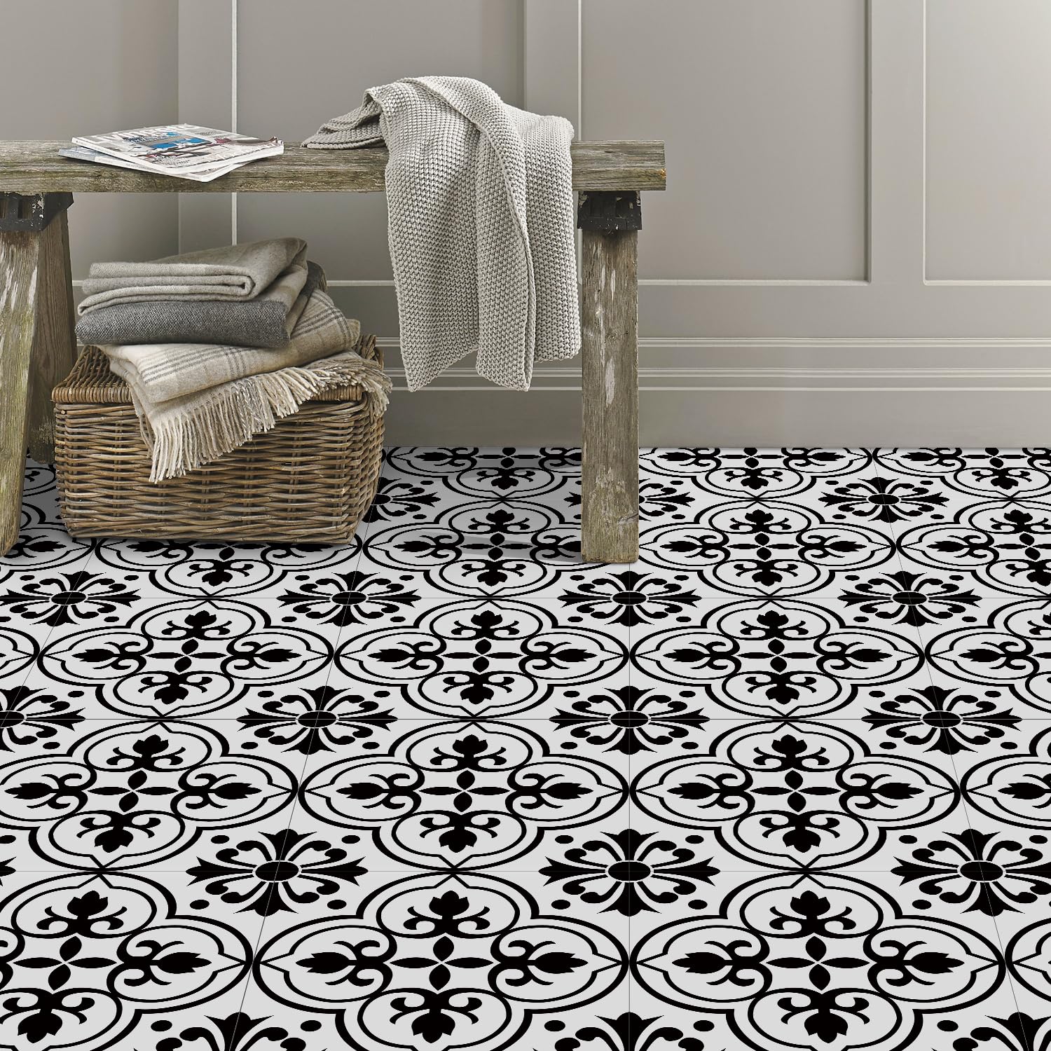Tile Stickers Black Mandala Bathroom PVC Stick on Tiles Self Adhesive Durable Kitchen Wall Peel and Floor 20x20cm/20 pcs