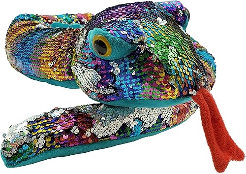 Serpiente de peluche de lentejuelas con diseño de arcoíris, animal de peluche reversible con lentejuelas, gigante de 60 pulgadas de largo