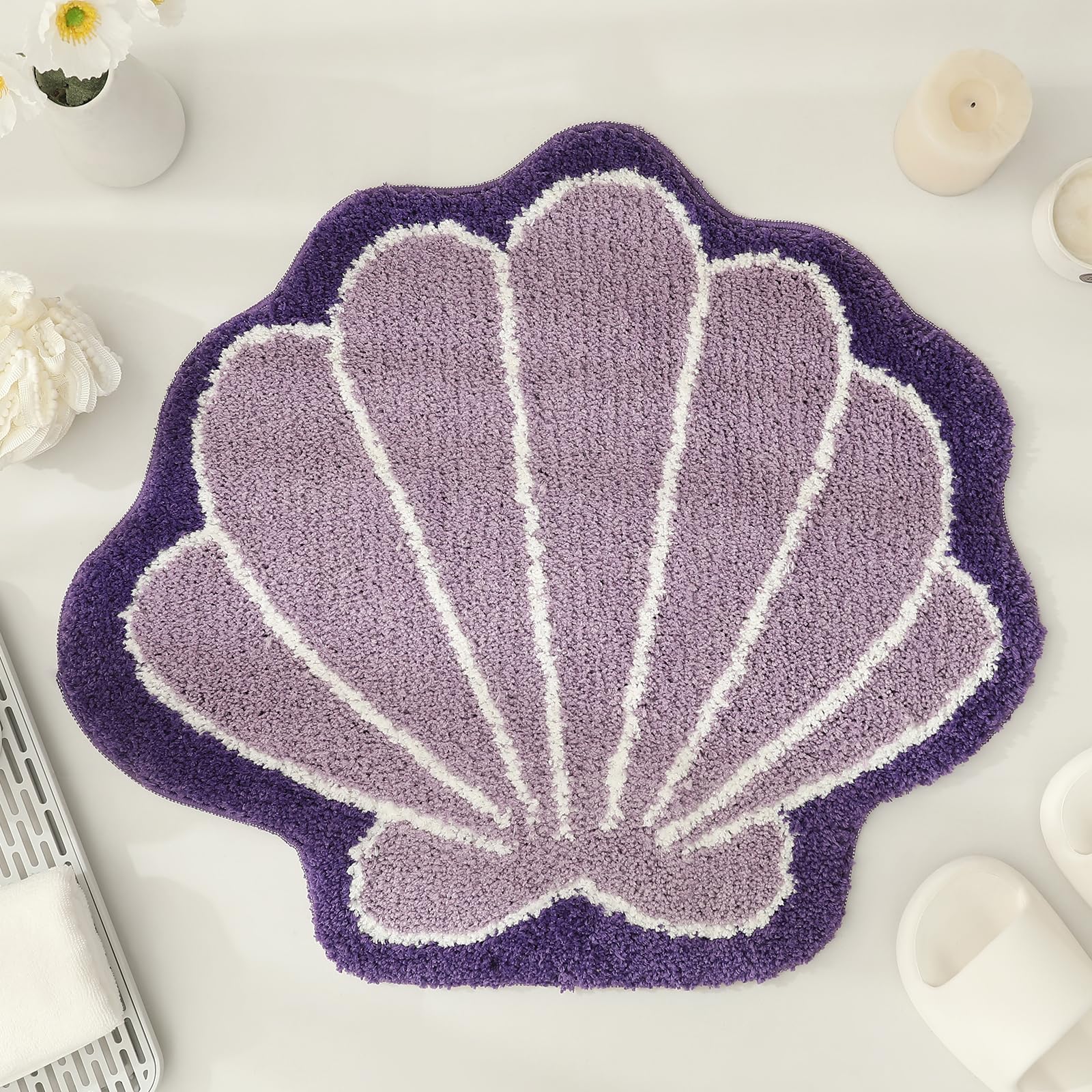 Tapis de bain à motif de coquillages violet lavable en machine