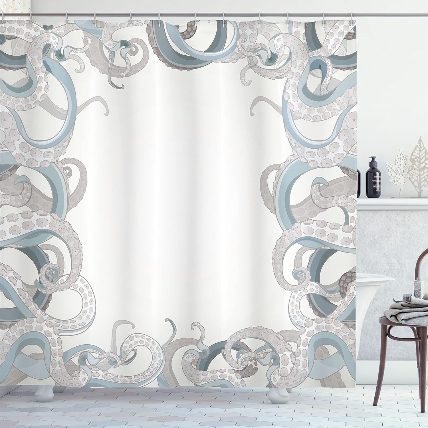 Ambesonne Octopus Shower Curtain, Background of Octopus Tentacles Aquatic Under The Sea Art Illustration Marine Life, Cloth Fabric Bathroom Decor Set with Hooks, 69" W x 70" L, Grey Blue