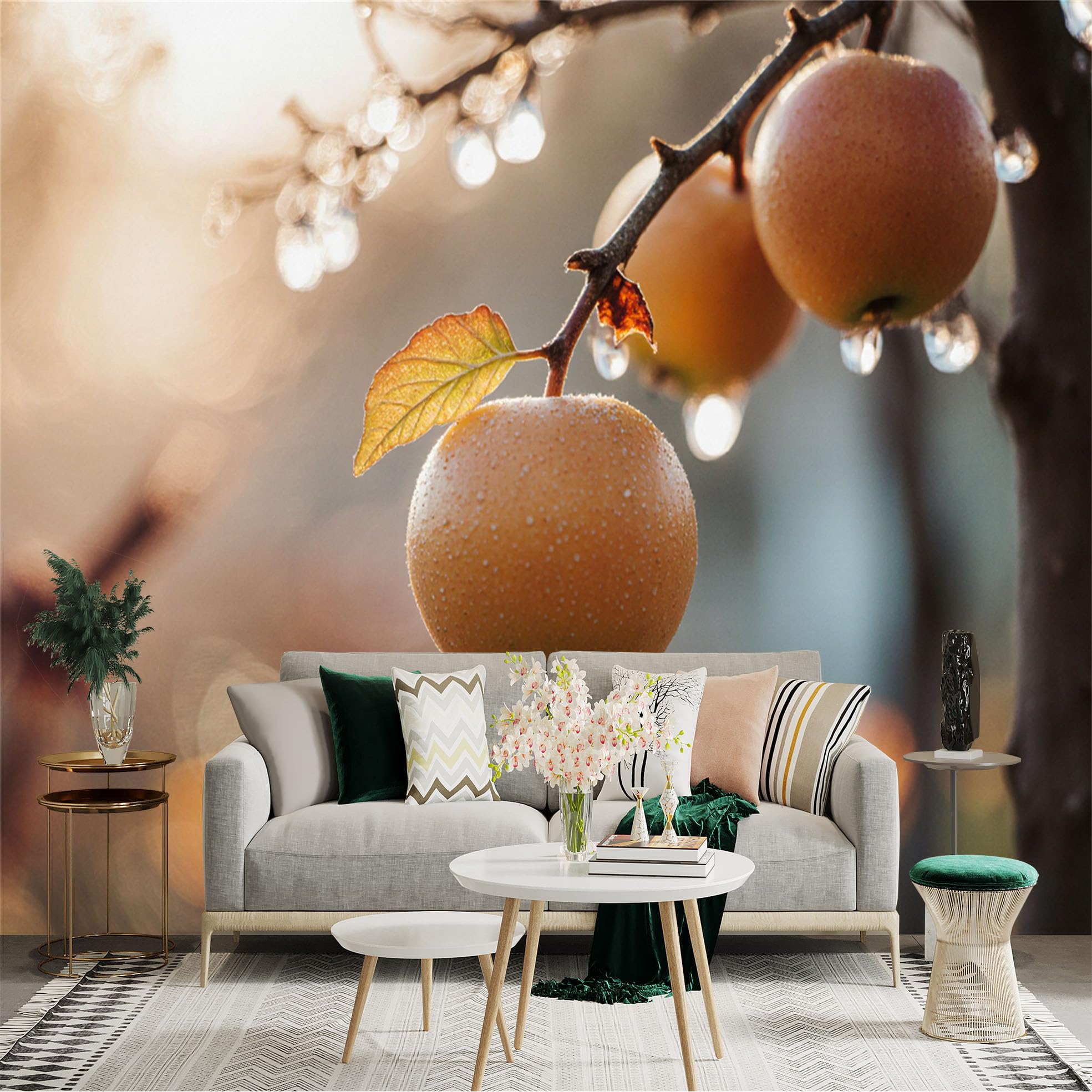Custom Size Wall Sticker Mural， Fresh Pears with Morning Dew， Sunlight on Fruit， Nature Scenery， for wall Decoration， peelandstick wall Decals.