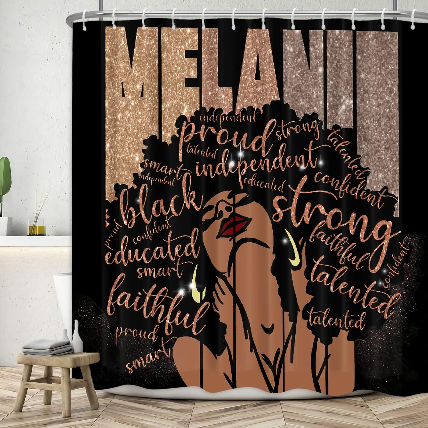 African American Shower Curtains Shower Curtain Black Woman 60Wx72L Inch Black Girl Shower Curtain Black Queen Bathroom Set No Shining Gold and Black Waterproof Polyester Fabric 12 Pack Plastic Hooks