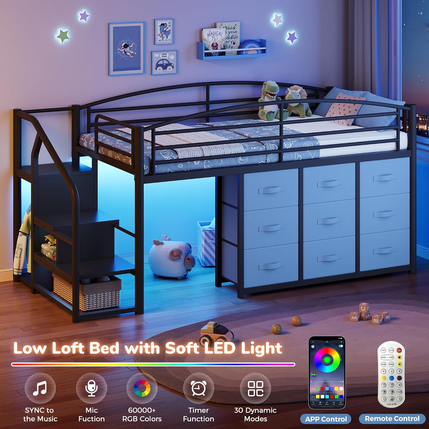 Jocoevol Low Loft Bed with 9 Storage Drawers, Hanging Rod and LED Lights, Metal Twin Kids Loft Bed with Stairway Shelf Storage, Safety Guardrail and Under-Bed Play Space for Kids (Black+Blue)