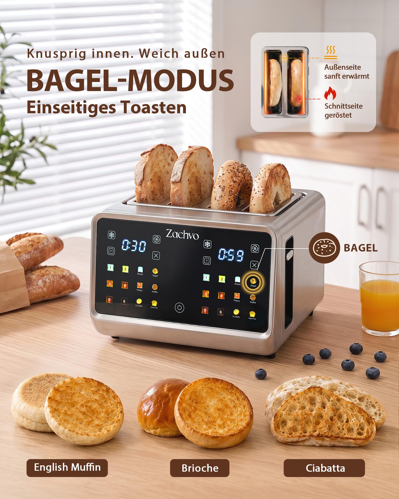 Toaster 4 Scheiben mit 2 unabhängige Toastzonen und Touchscreen