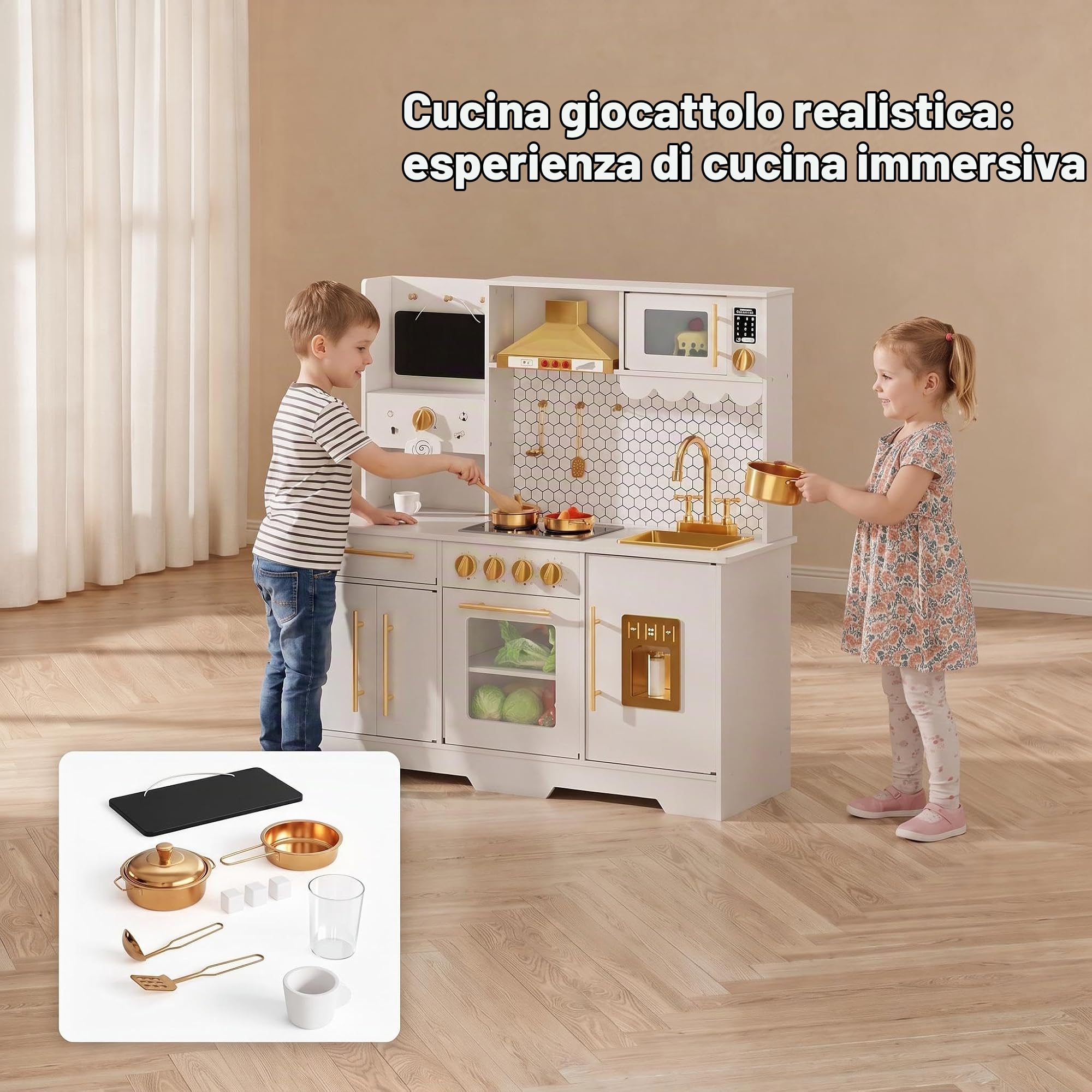 Garvee Cucina Giocattolo In Legno Per Bambini 3+ Con Accessori Dorati