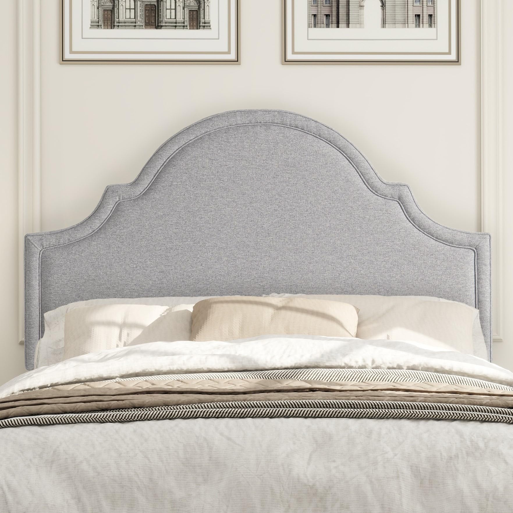 Catherine Upholstered Queen Headboard, Light Grey Polyester