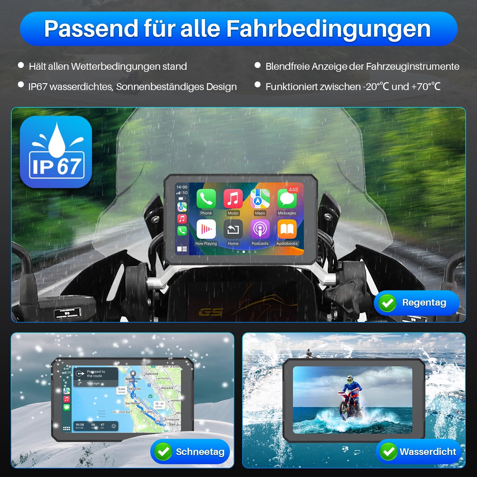 Motorrad Carplay für BMW Motorrad 7 Zoll Bildschirm Wireless CarPlay & Android Auto, GPS Navigation, Bluetooth, Wasserdichter Touchscreen Motorradnavigationsgerät, Kompass, Siri/Google_Assistant
