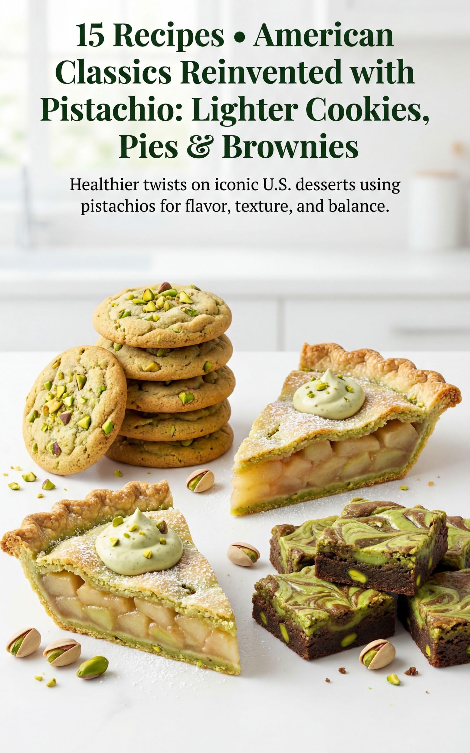 15 Recipes • American Classics Reinvented with Pistachio: Lighter Cookies, Pies & Brownies: Healthier twists on iconic U.S. desserts using pistachios for flavor, texture, and balance