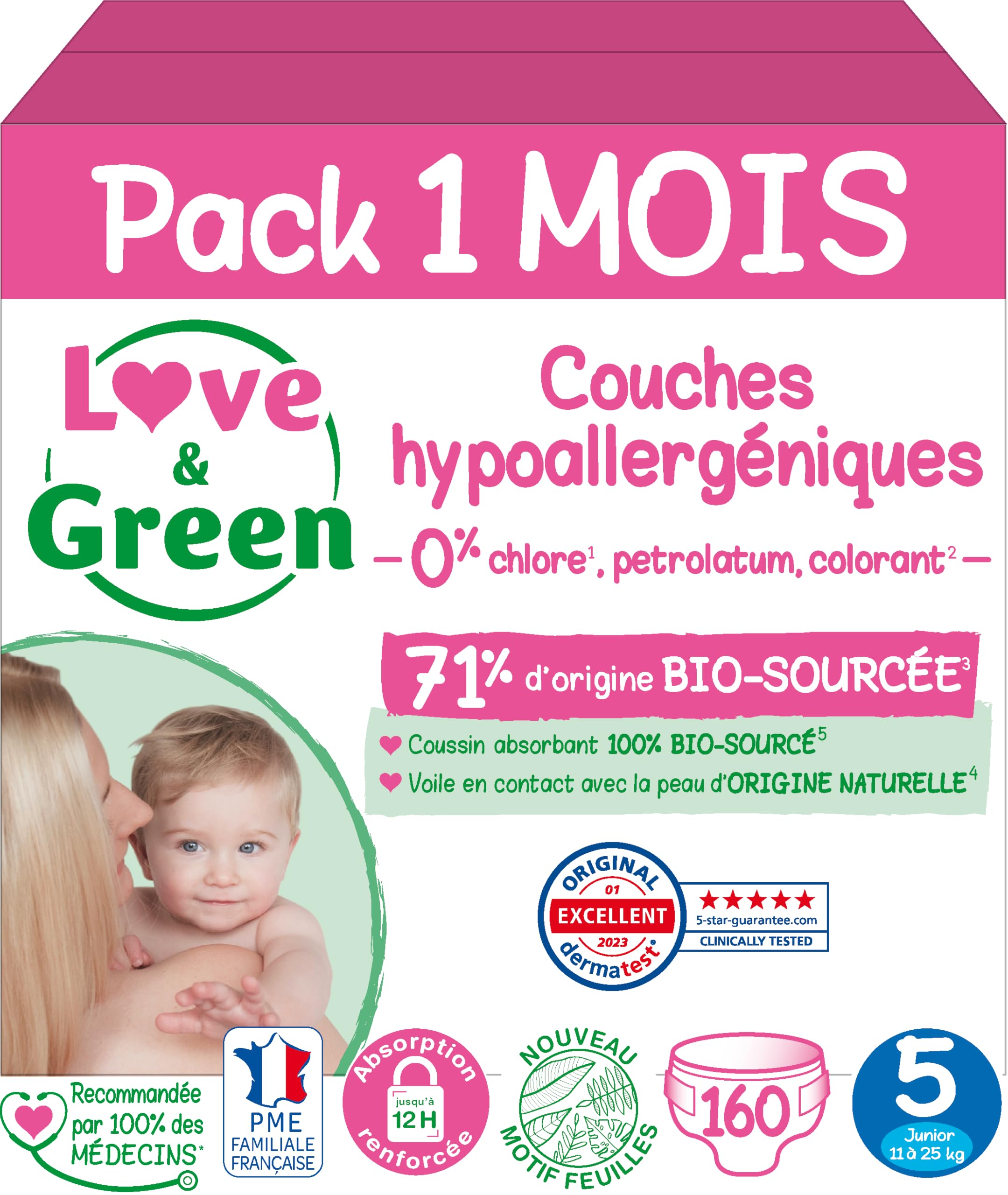 Love & Green - Couches Bébé Saines et Ecologiques - Taille 5 (11-25 Kg) - Pack 1 Mois (160 Couches) - Absorbante, anti-fuites et sans ingrédients indésirables
