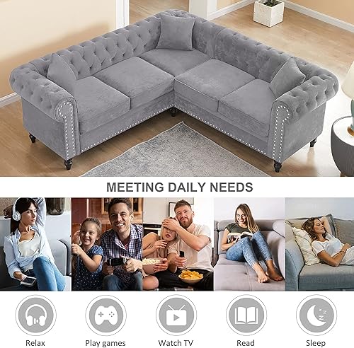 Miniatura 6 de RARZOE Chesterfield - Sofá modular en forma de L, sofá de terciopelo con botones profundos, brazo enrollado tapizado, sofá clásico Chesterfield para