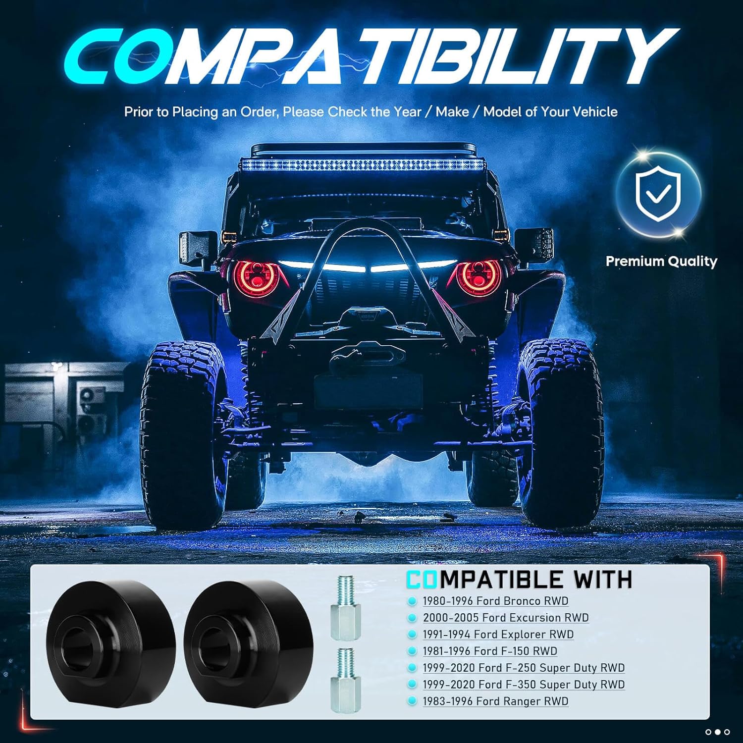 Ford 2 Inch Front Leveling Lift Kit - Fit 1980-1996 Bronco, 1991-1994 Explorer, 1999-2020 F250 F350 Super Duty, 1983-1996 Ranger (RWD Only) - Spring Lift Spacers with 3/4" Stud Extenders