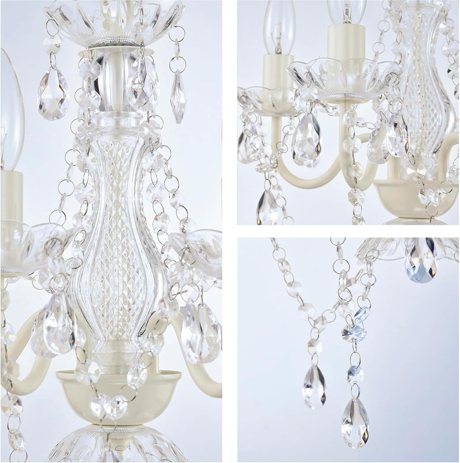 Alighting Plug in Chandeliers, 4-Light White Small Acrylic Crystal Hanging Ceiling Lamp with 20ft Cord, No Hardwire, White Chandeliers for Dining Room, Modern Bedroom, Nursery, Kitchen or Bathroom