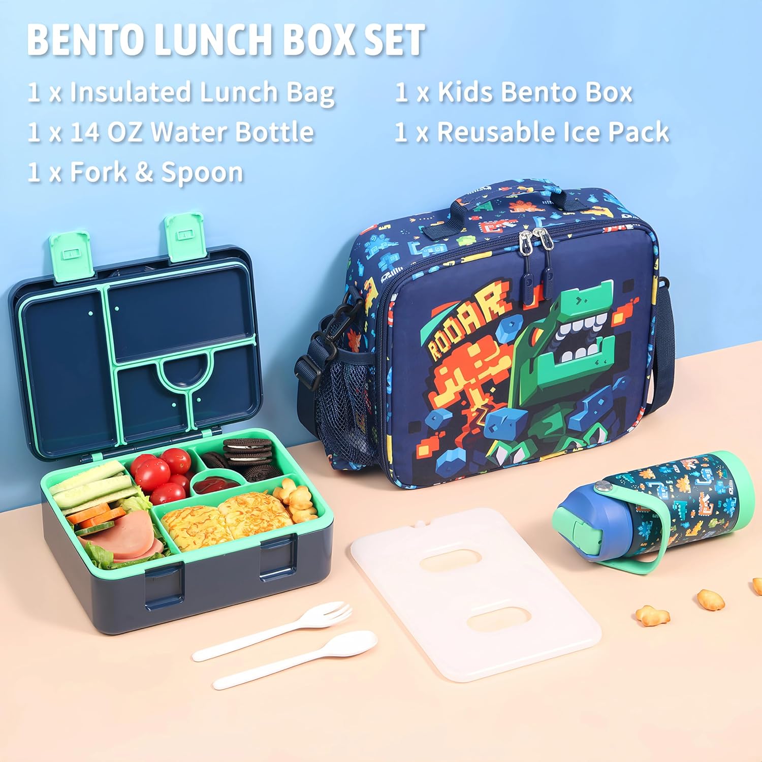 rockpapa 5 Compartment Bento Lunch Box with Ice Pack for Kids with Uensils & Insulated Water Bottle & Lunch Bag, BPA-Free Lunch Containers Set for School Boys Girls Ages 3+ (Blue Dinosaur) - Image 4