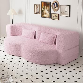 Cloud Sleeper Sofa Bed, Modern Teddy Fabric Loveseat Floor Couch, Comfy Portable Fold Out Lounge, Memory Foam Lazy Sofa with Pillow, Folding Mattress Sleeper for Living Room Pink