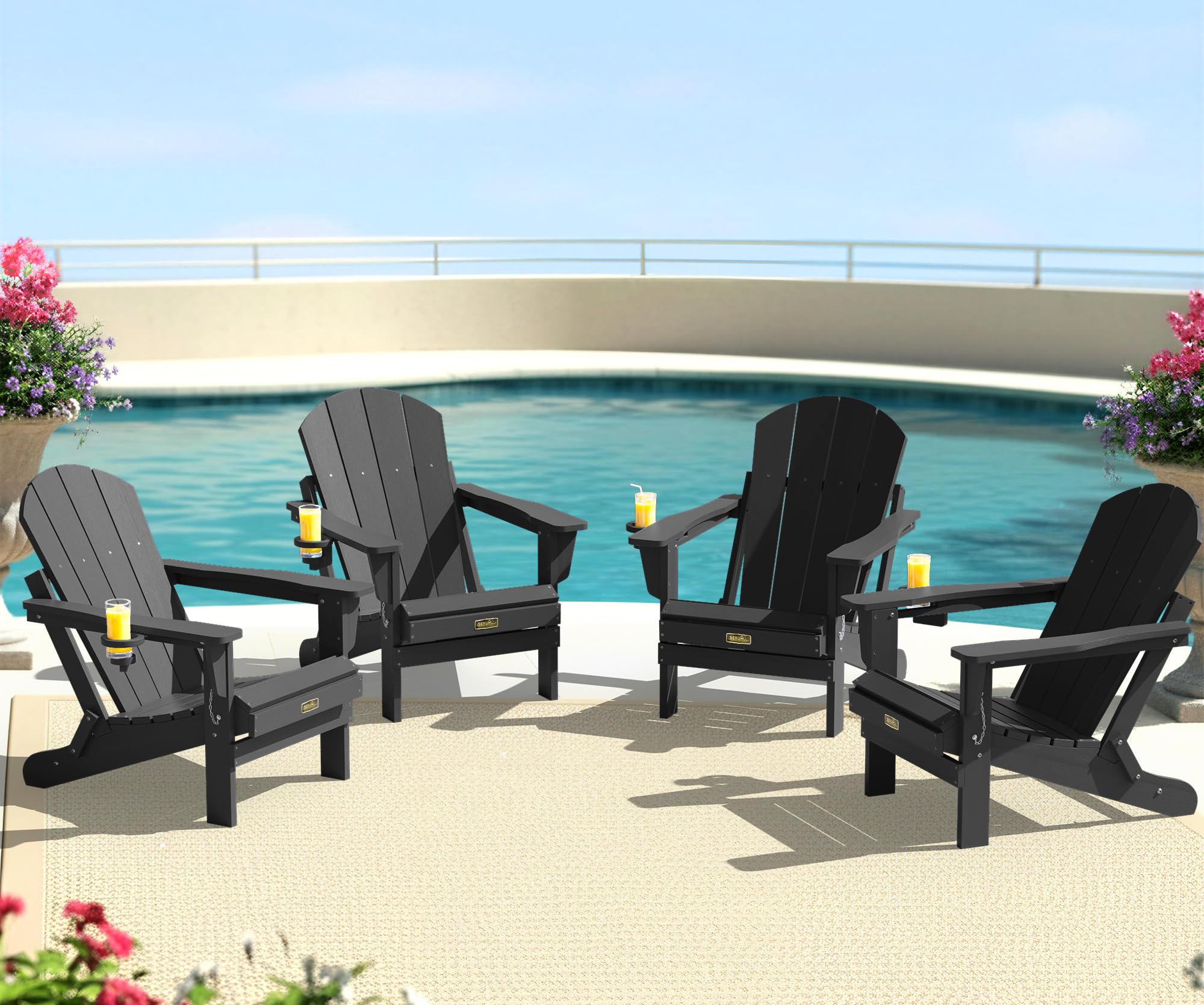 SERWALL Folding Adirondack Chair Set of 4, Weather Resistant HIPS Patio Chairs with Cup Holder for Garden Outdoors Fire Pit - Black - 2