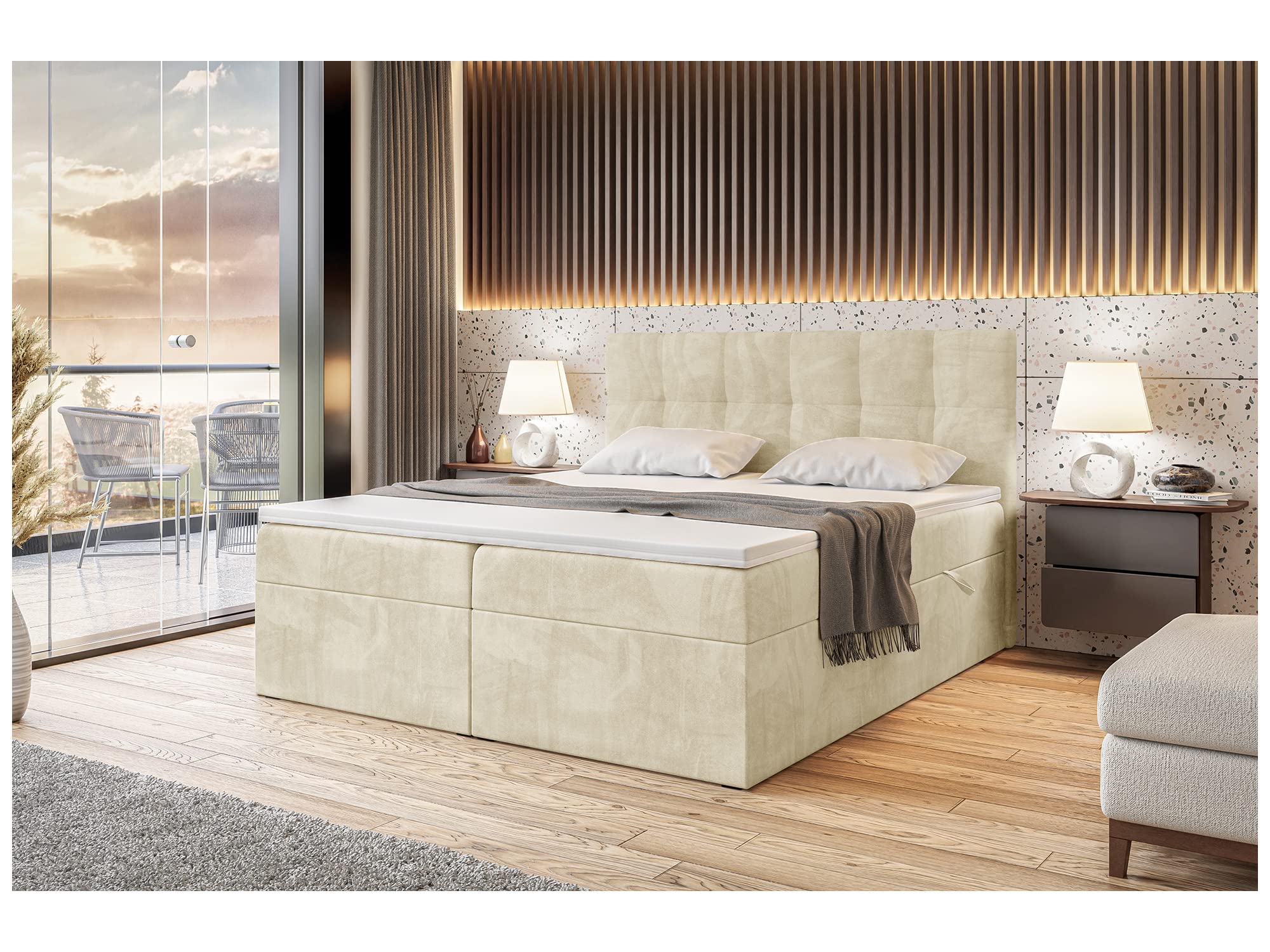 MEBLINI Boxspringbett mit Bettkasten - Gepolstert Doppelbett mit Matratze und Topper - Polsterbett mit Stauraum - Bett mit Kopfteil - Stauraumbett - RACO - 120x200 - H3/Beige Samt