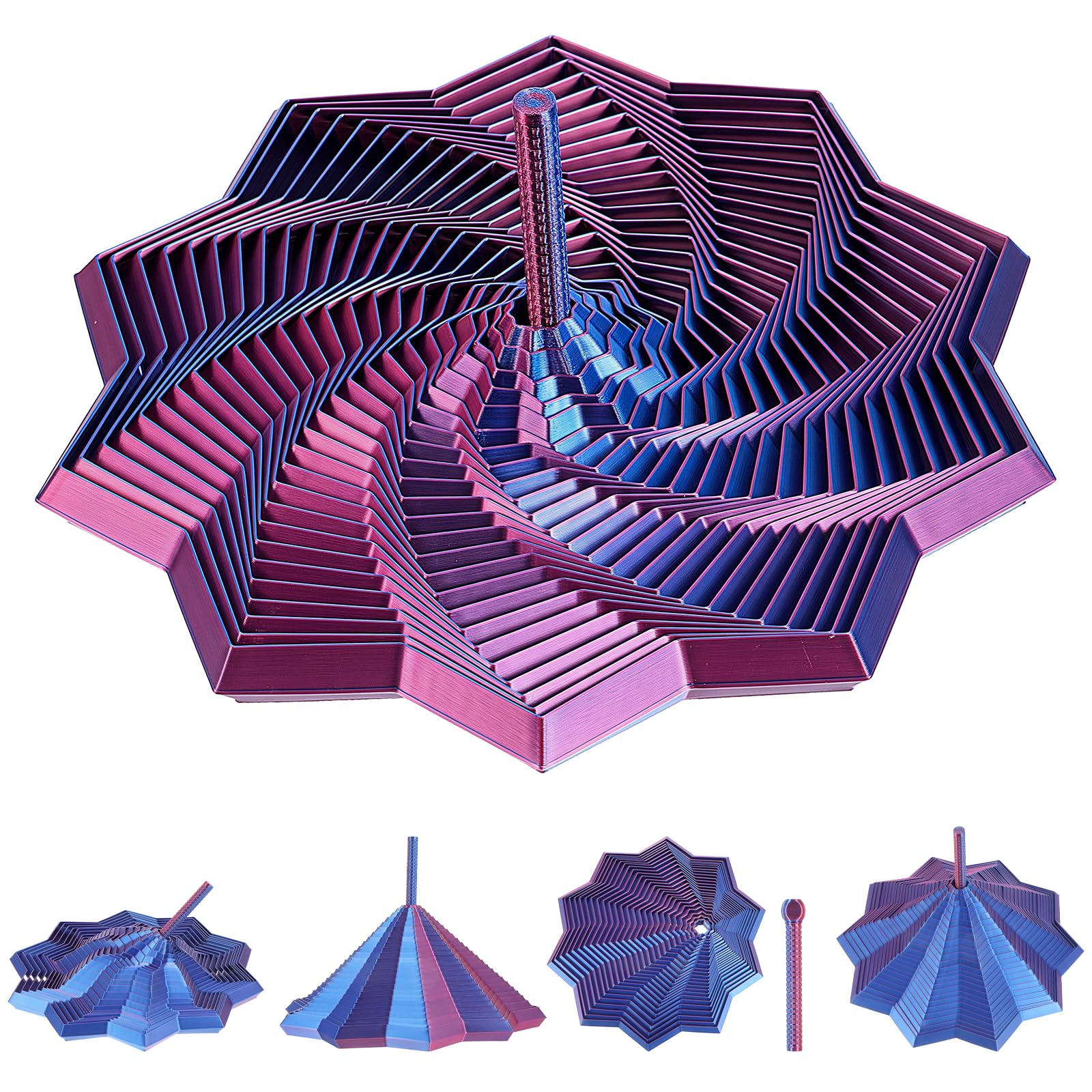 Wanmu 3D Printed Expanded Sensory Fidget Star Transformable Fidget Toys with Handles Color-Changing Spiral Finger Toy for Adults Anxiety Office Desktop Decompression Stress Relief Gift (Red-Blue)