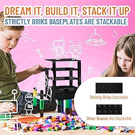 Strictly Briks Baseplate Set - Compatible with Lego, 10 x 10 in 4 Baseplates with 30 Stackers, Stackable Baseplates Buildbing Toy Blocks Custom Display Towers, Kids, Black