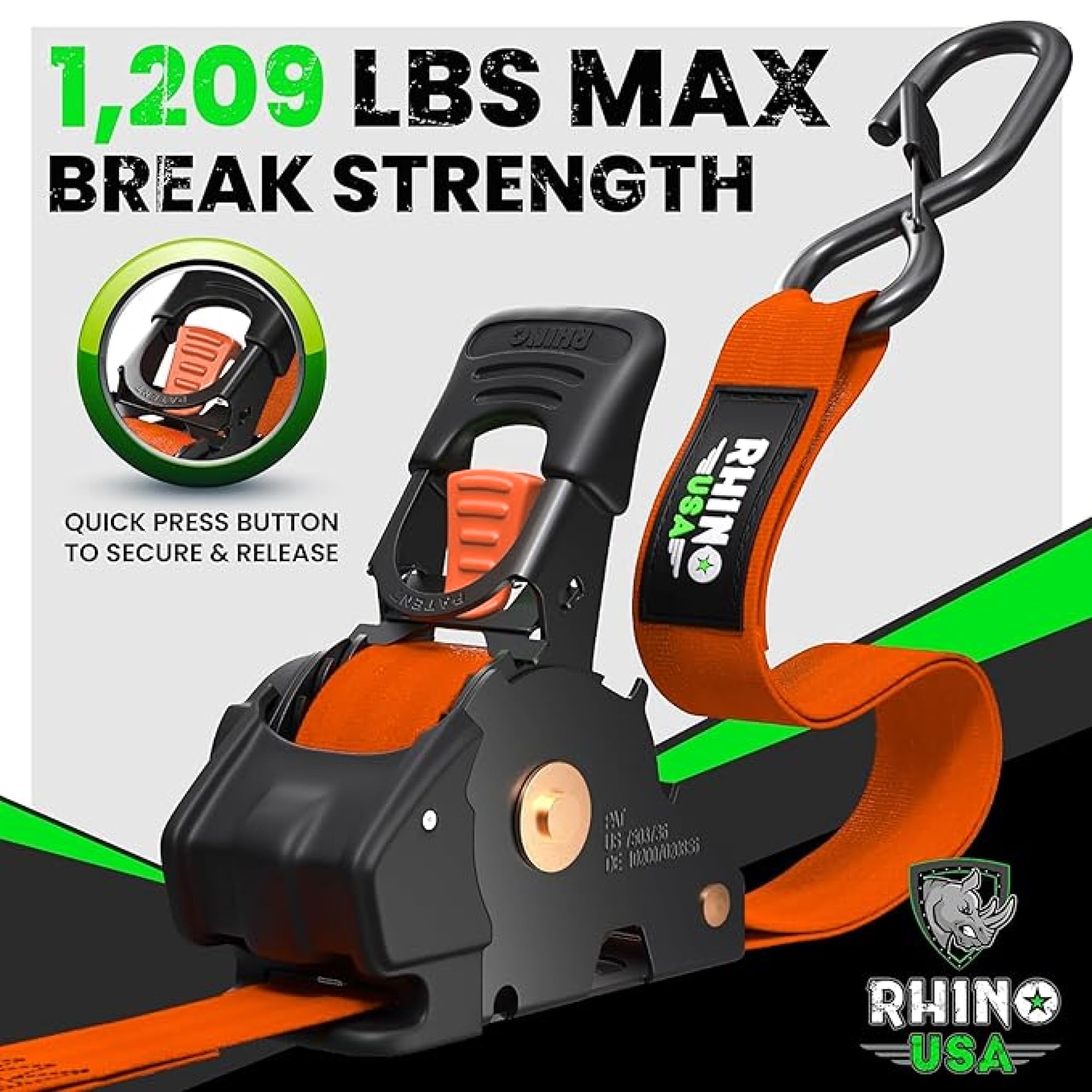 Rhino USA Chowane pasy z grzechotką (zestaw 2) - 2,5 cm x 3 m (wytrzymałość na zerwanie 540 kg) - Wytrzymałe automatyczne paski mocujące do ciężarówki, przyczepy, motocykla i innych - pomarańczowy