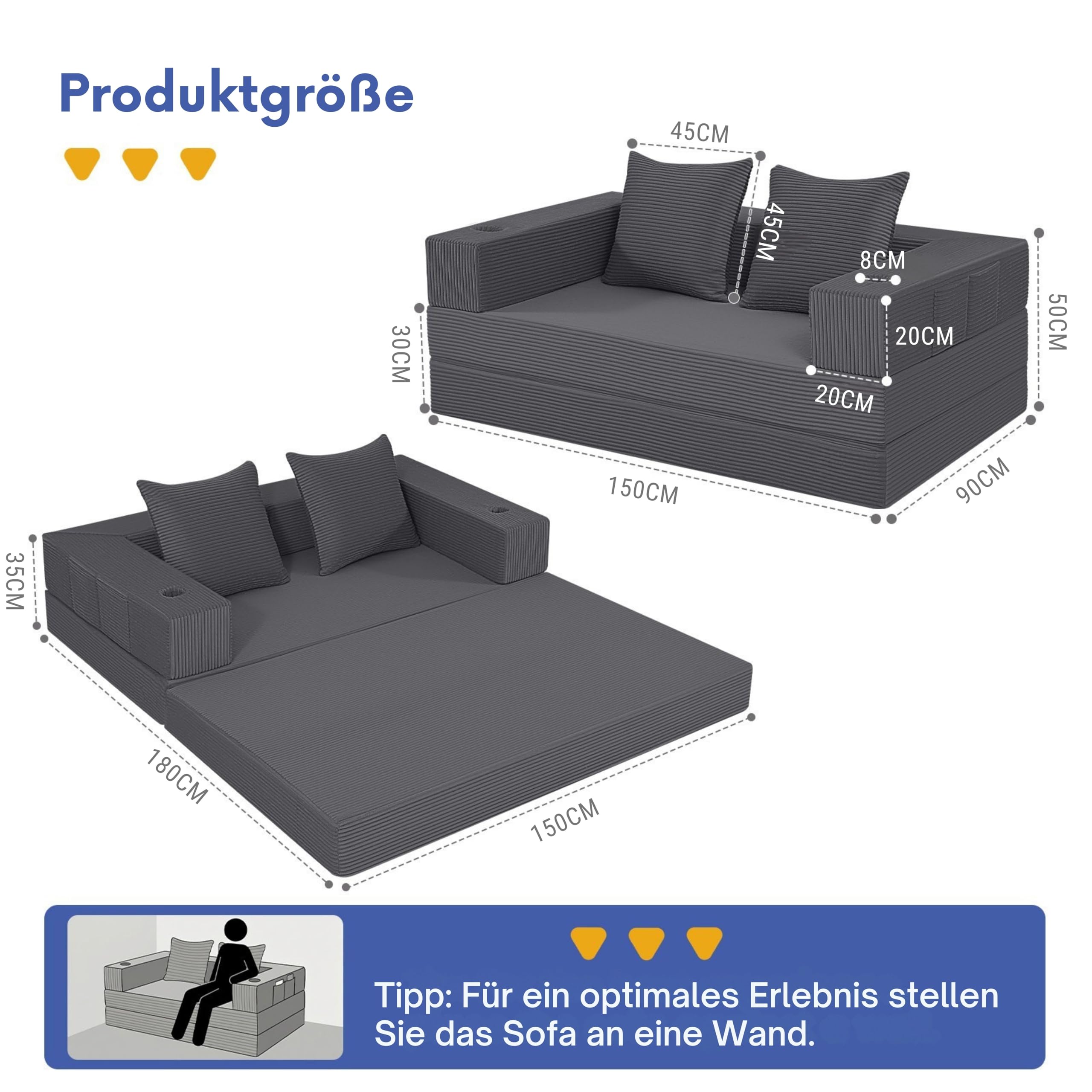 MeMoreCool 4-in-1 Boneless Couch, Umwandelbares Schlafsofa mit Armlehnen, Faltbare Matratze und Schlafsessel, Bequemes Schlafcouch für Wohnzimmer und Schlafzimmer als Lounge oder Gästebett