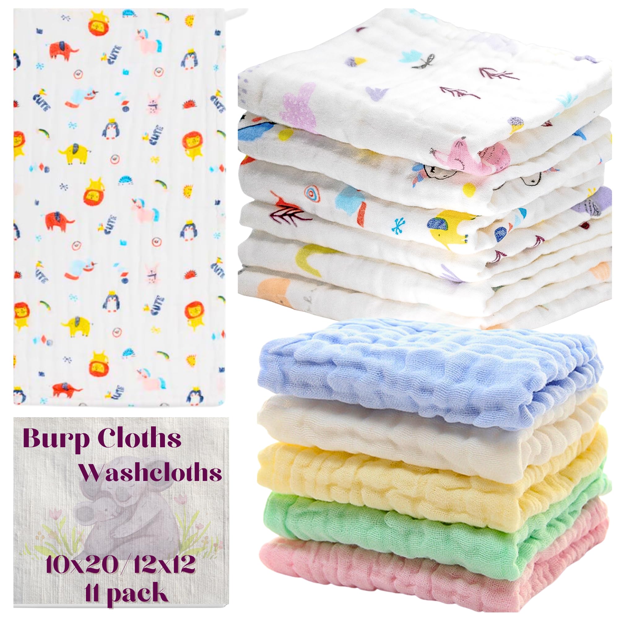 Baby Muslin Burp Cloths Washcloths 11 Pack Rags Face Towels Large Newborn Essentials Baby Registry Search 100% Cotton 6 Layered Muslin 10"x20" and 12"x12" for Boys & Girls Gift Set