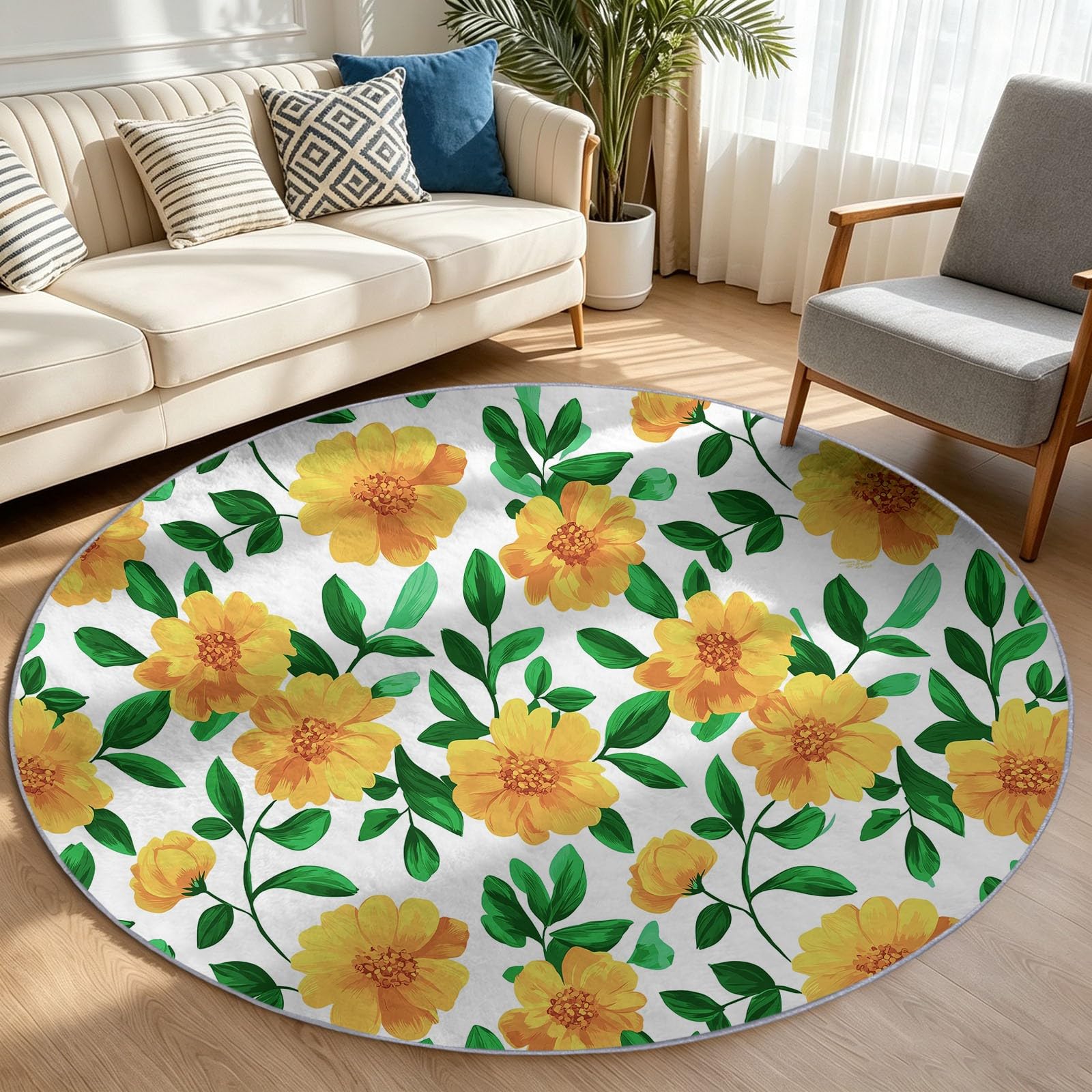 Tappeto rotondo lavabile, 90 cm, stile country francese, morbido, con stampa di foglie floreali e steli, a pelo corto, antiscivolo, per ingresso, soggiorno, camera da letto, accanto al divano e