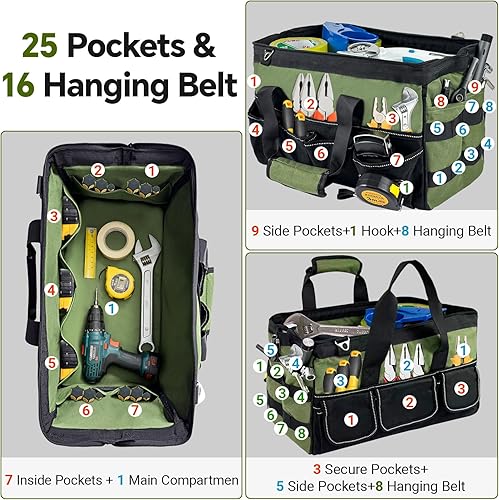 Miniatura 4 de Bolsa de herramientas de 16 pulgadas con 25 bolsillos, caja de herramientas portátil de electricista, bolsa organizadora de herramientas con mango