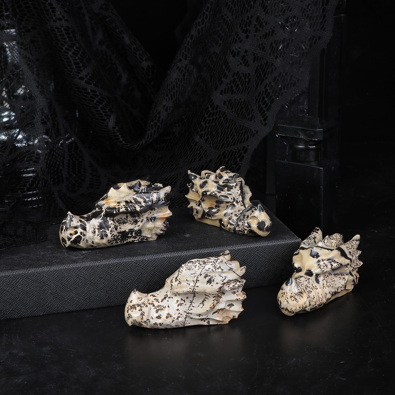 KYEYGWO 2.8 Inch Carved Crystal Dragon Head Skull Statue Natural Grass Flower Jasper Stone Small Animal Figurines Gothic Desk Decor for Home Office - Image 2