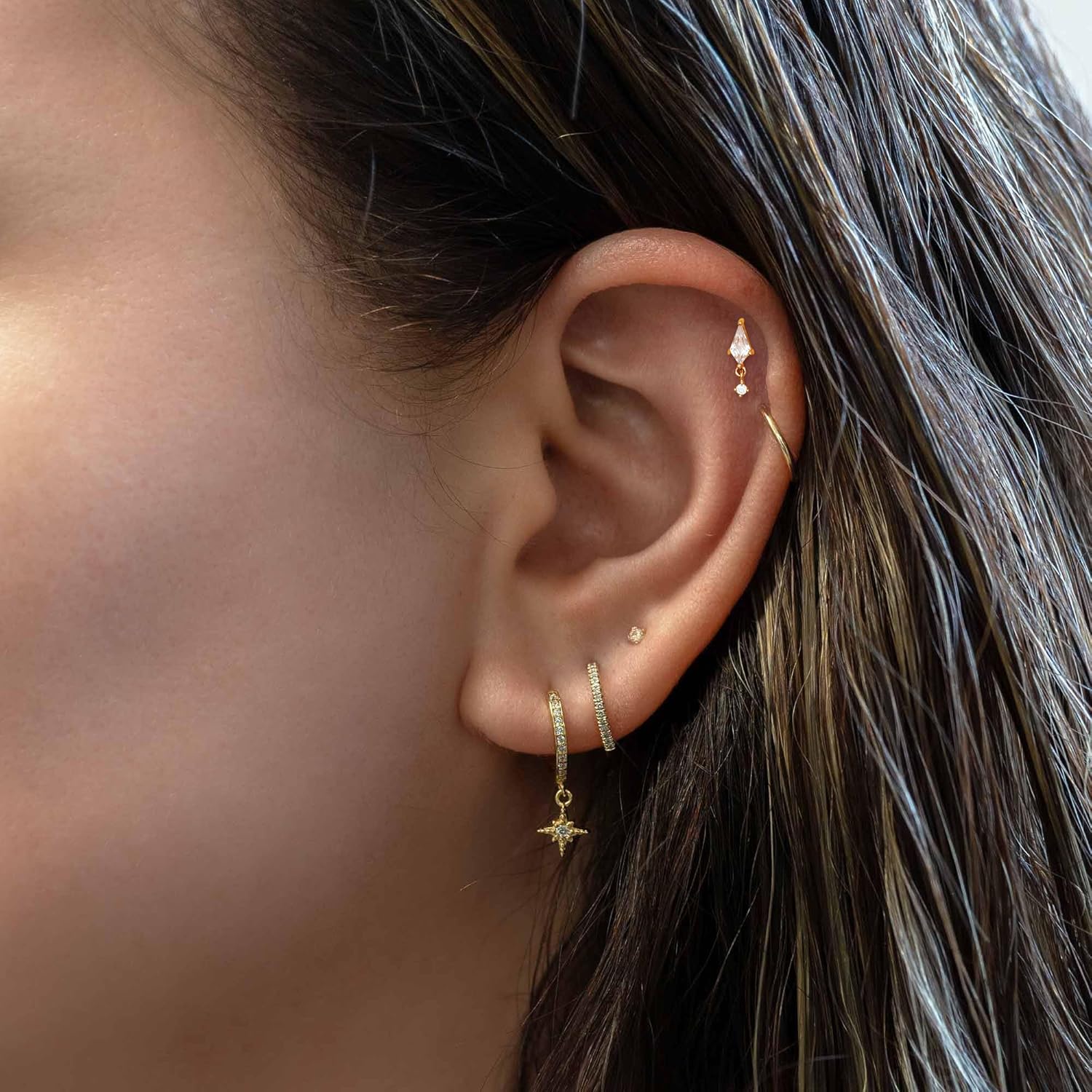 14K Yellow/White Gold Dangle Threadless Earring 1 Pcs, 16G Flat Back Stud Cartilage Earrings Helix Labret Lip Monroe Tragus Piercing Jewelry 6mm 8mm… - Image 3