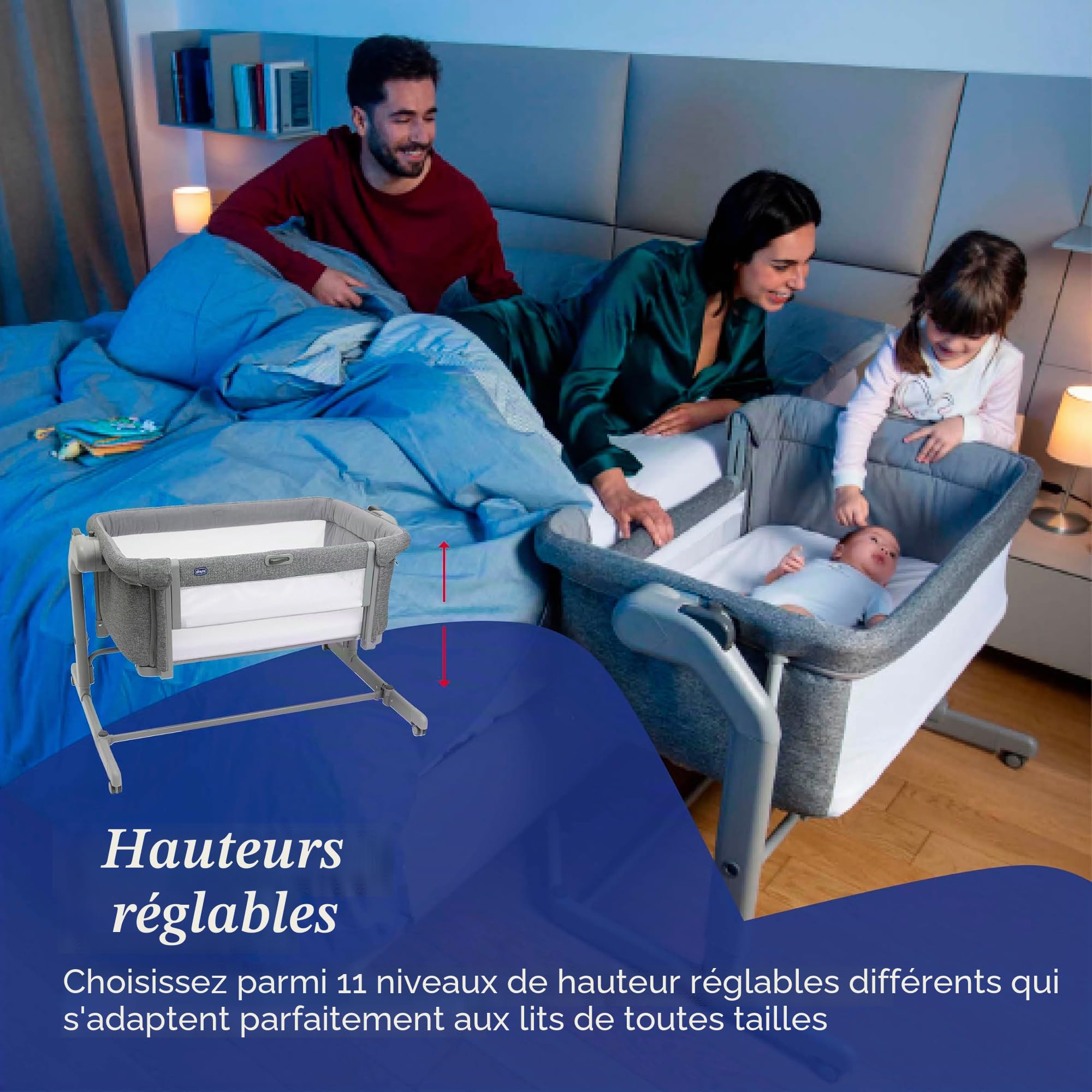 Chicco Next2Me Magic Evo Berceau de cododo pour bébé, Compatible avec différents Lits, Mode à Bascule, Hauteur réglable, barrière coulissante, 4 Roues, Bonne Circulation de l'air, Matelas et Sac