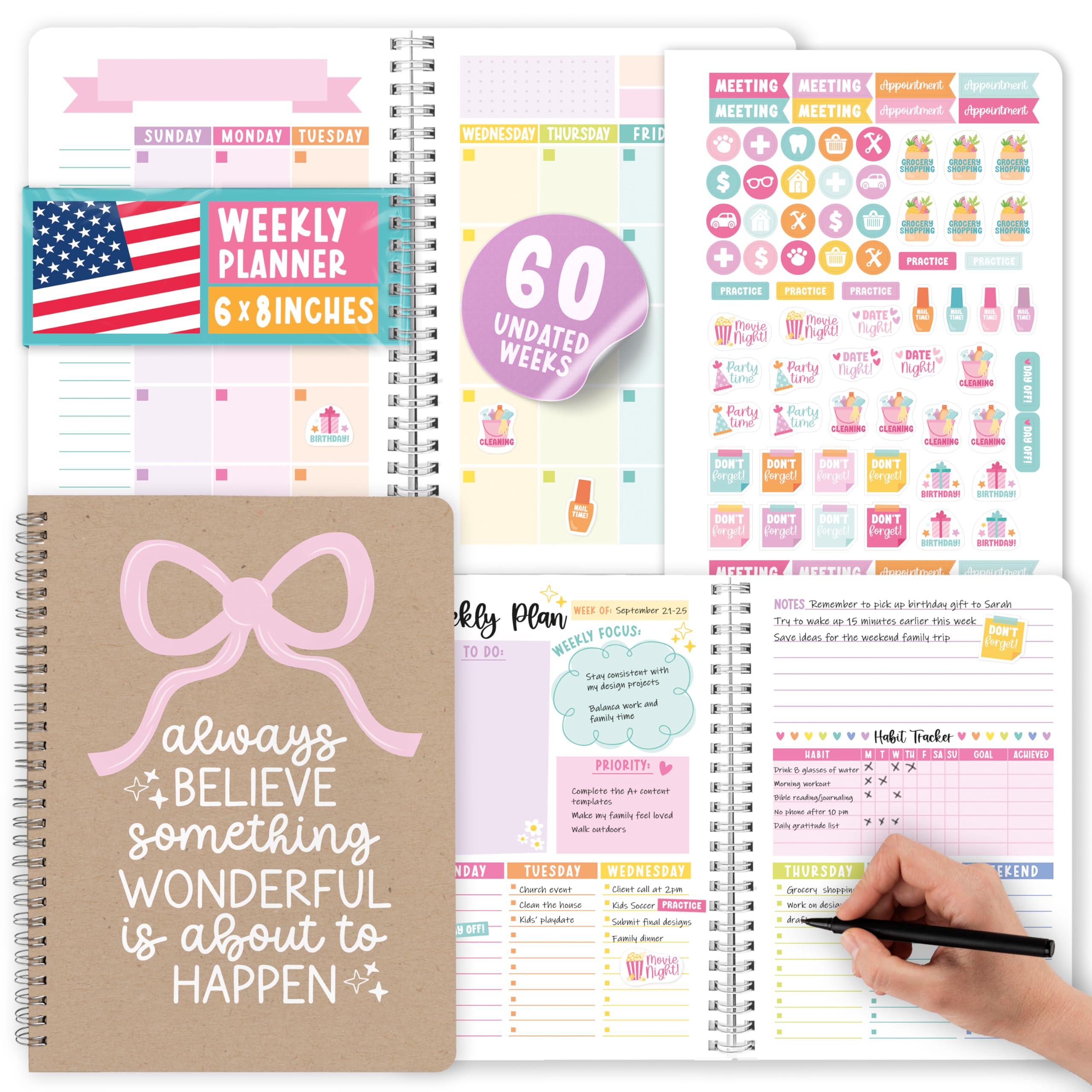 Spiral Weekly Planner Undated - Undated Weekly Planner Habit Tracker, Habit Tracker Notebook, Monthly Goal Planners, Agenda Notebook For Work, Kraft To Do List Notebooks — image 1