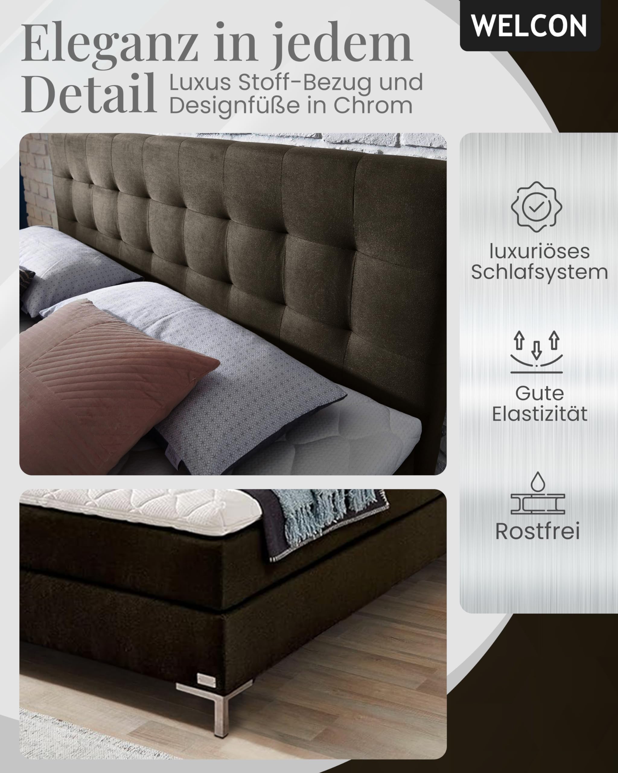 Lit Boxspring Welcon Rockstar 180x200 – Sommier, Matelas Et Topper, Beige