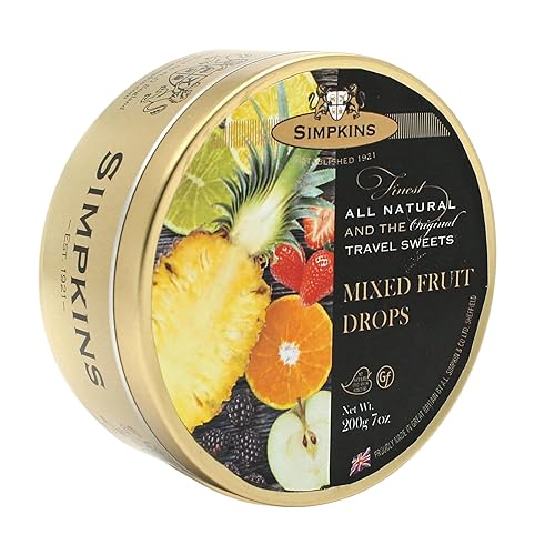 Simpkins Candy Travel Sweets | Gotas de frutas mixtas | 7 onzas, lata (paquete de 6)