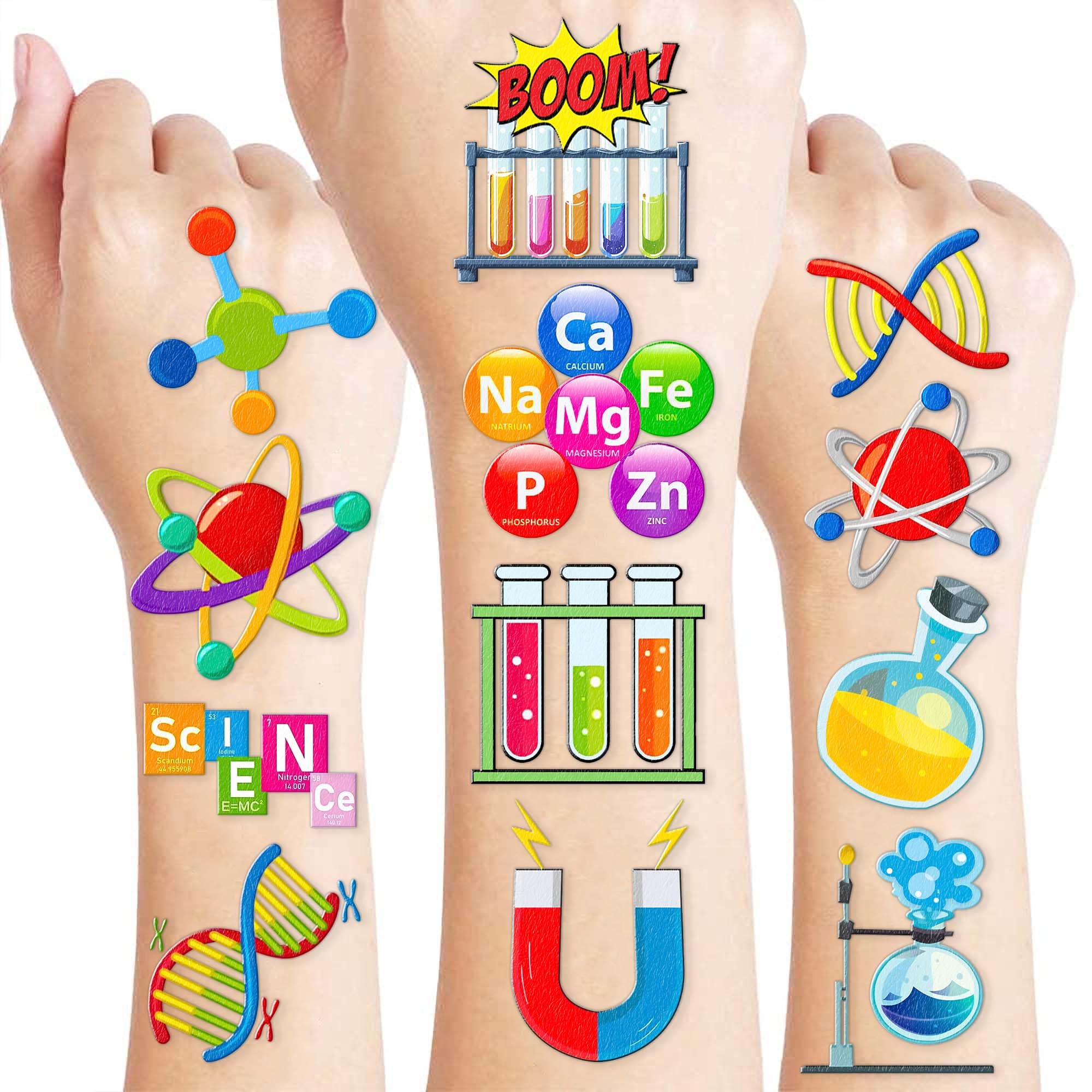 96PCS Funny Science Temporary Tattoos Mad Scientist Laboratory Themed Birthday Party Decorations Favors Supplies Decor Math Chemistry Experiment