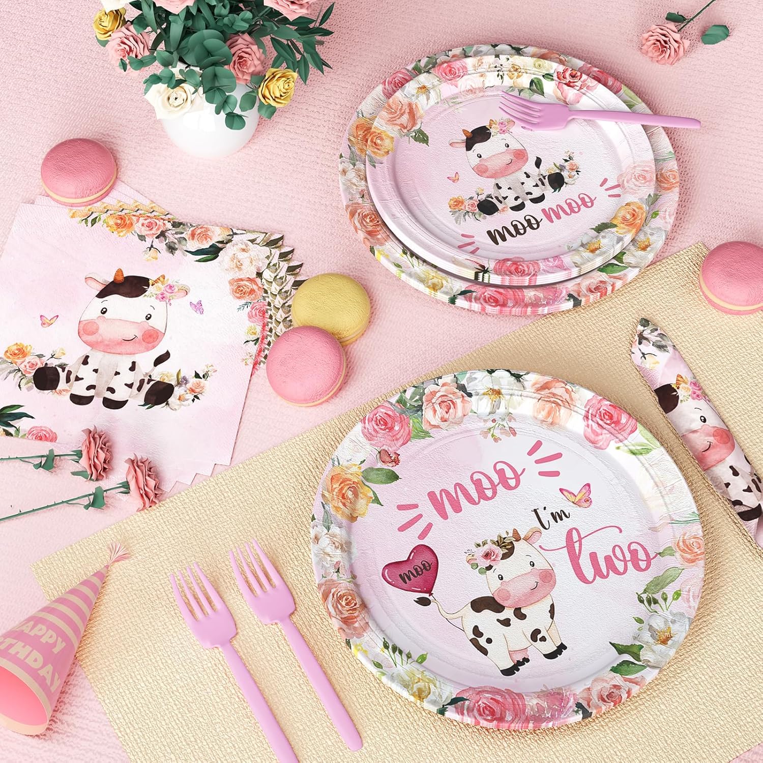 Moo Moo Im Two Birthday Supplies Tableware Set, Moo Moo Im Two Party Decorations, 2nd Birthday Decorations Girl, Pink Cow Second Theme Plates Napkins Forks Serves for 24 Guests - Image 6