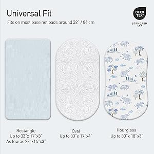 Gllquen Baby Muslin Bassinet Sheets 3 Pack, Breathable Elastic Cozy Fitted Cotton Bassinet Mattress Sheet for Baby Boy Girls, Fit for Hourglass Oval Rectangular Cradle Pad Sheets 33"x17" (Light Blue)