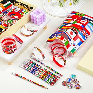 Supervitae 120 Pcs International World Flags Party Favor Accessory 30 Flags of World Plastic Goody Bag 30 Pencil 30 Button Pin 30 Rubber Wristband for Travel Trip Around The Globe Back to School Decor
