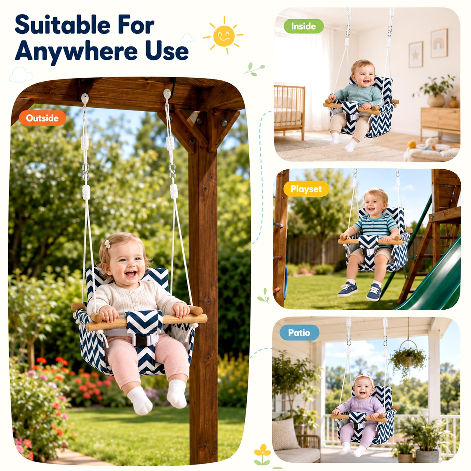 Columpio infantil de madera con cinturón de seguridad, con hebilla de seguridad, altura regulable, para interior y exterior, para marco de puerta, columpio de madera para bebés y niños de 6 meses a 3